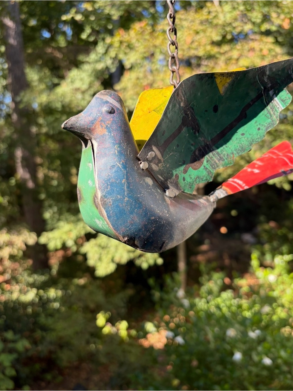 Recycled Metal Hanging Bird Décor - Green, Blue, Red Accents